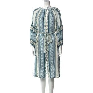 D'Ascoli 100% Silk Midi Dress  XS White/Blue Floral Balloon Sleeve